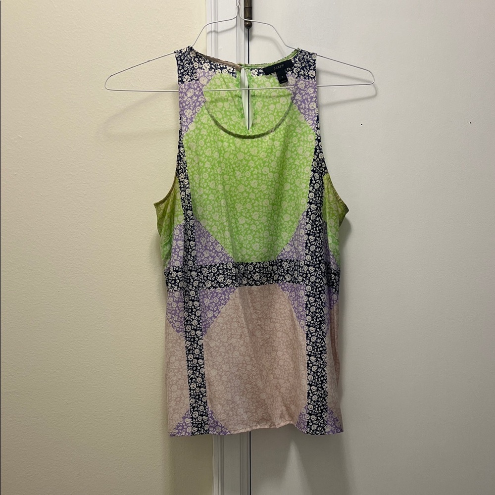 J. Crew Patchwork Floral Silk Tank Top - Lime, Pink, Black, Cream